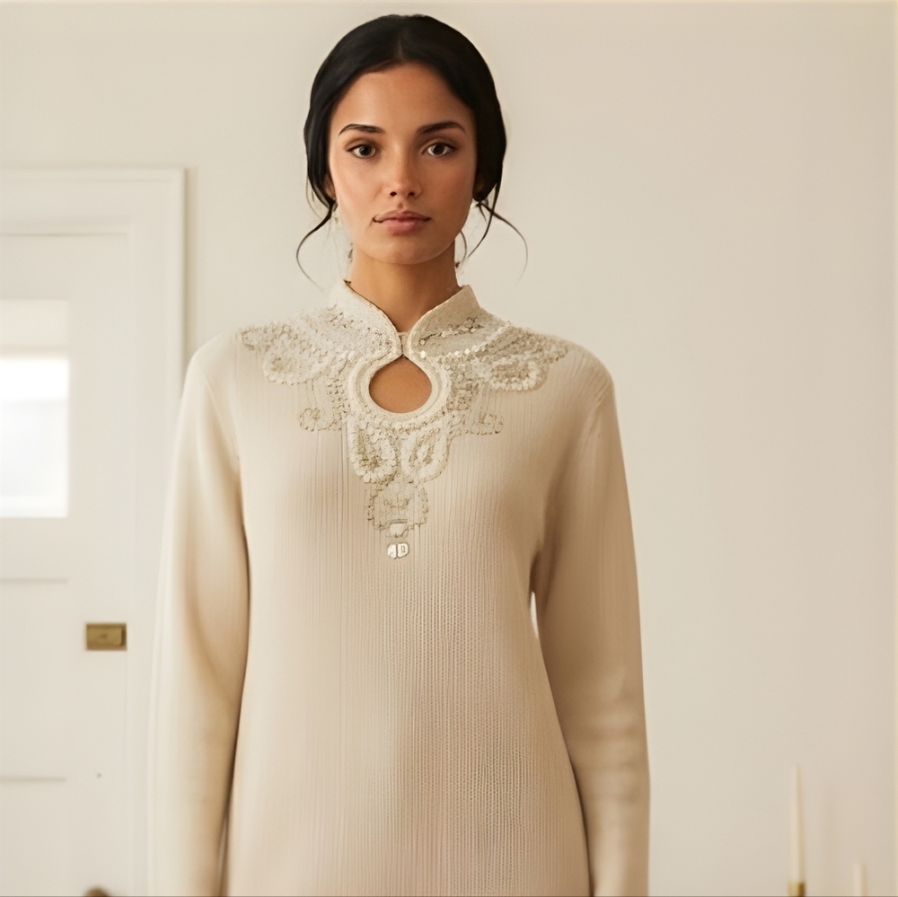 Lauren Michelle Cream Sweater with Embellished Neckline Size Large